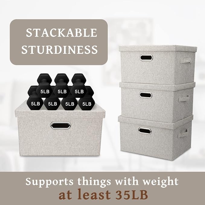 Graciadeco Medium 15" 21 Quart Collapsible Stackable Storage Bins with Lids, 1 Pack Beige Foldable Fabric Closet Storage Boxes with Lids, Heavy-duty Linen Baskets for Bedroom | 21 Quart 1 Pack Beige Collapsible Stackable Linen Fabric 4 Handles Bedroom ...