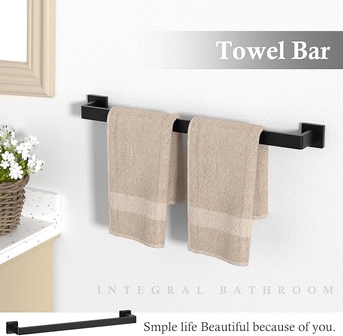20-Piece Matte Black Bathroom Accessories Set – 23.6" Towel Bar, Towel Ring, Toilet Paper Holder & Hooks, Wall Mounted Bathroom Hardware, Rust & Corrosion-Resistant, Ideal for Modern Bathrooms