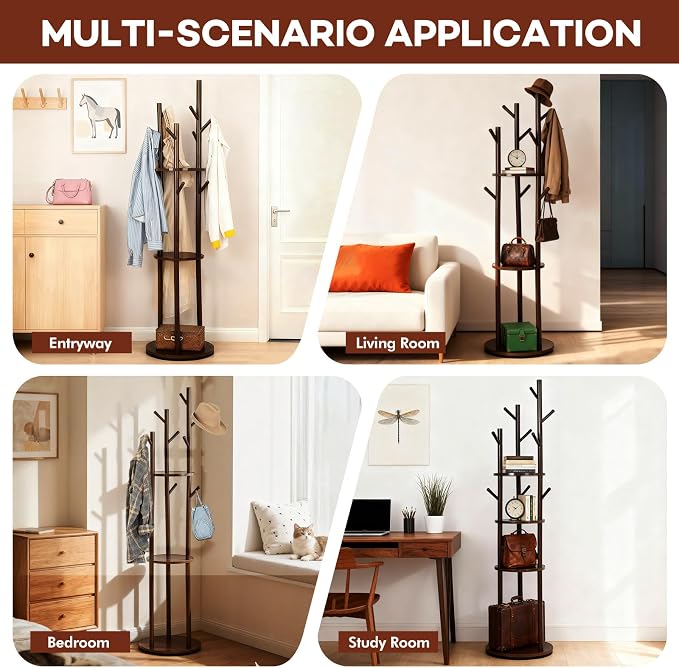 Freestanding Coat Rack, Solid Pine Wood Rotary Coat Tree with 3 Shelves and 9 Hanging Handles, Coat Hanger Stand for Bedroom, Entryway, Livingroom(Walnut Color)