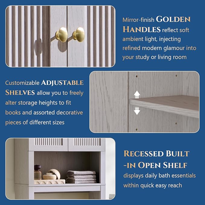 72" Over The Toilet Storage Cabinet, Modern Over Toilet Bathroom Organizer Shelf with Fluted Arched Doors, Wooden Free Standing Bathroom Storage Cabinet with Adjustable Shelf, Space Saver, Light Grey