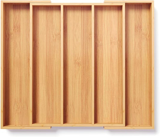 Fibogollo Expandable Bamboo Silverware Organizer, Kitchen Drawer Organizer | Flatware and Utensils Organizer Tray, Cutlery Organizer for Kitchen Drawer，Utensil Holder（13.3-22.8 x 16.9 x 2 inch）