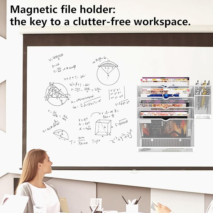 Magnetic File Holder, Magnetic File Organizer Wall Mount, 5 Tier Hanging Mail Organizer Folder Holder, Mesh Desk Accessories and Organizers, Paper Document Magazine Rack with 3 Pen Holder
