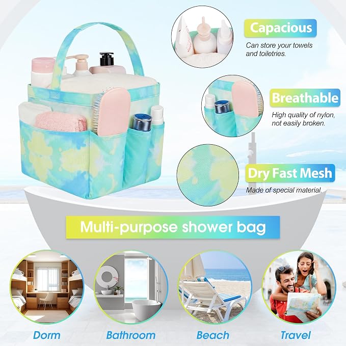 Mesh Shower Caddy Portable - 9 Pockets for College Dorm Room Essential | Large Capacity Mesh Shower Caddy with 9 Pockets, Portable Hanging Toiletry Bag for College Dorm, Gym, Camping and Beach