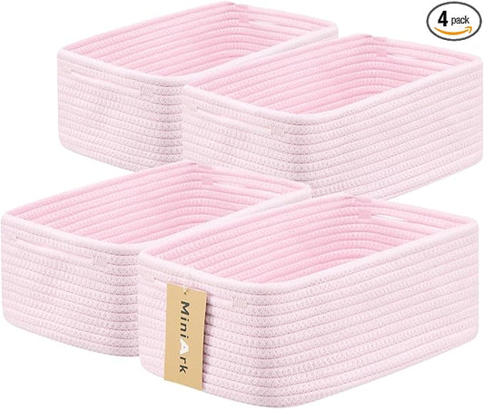 MiniArk Small Storage Baskets for Organizing | Closet Organizer Bins | Shelf Toy Basket | Woven Rope Baskets | Cube Decorative Box | Shallow Basket | 13x8.5x5.1” | 4 Packs Light Pink