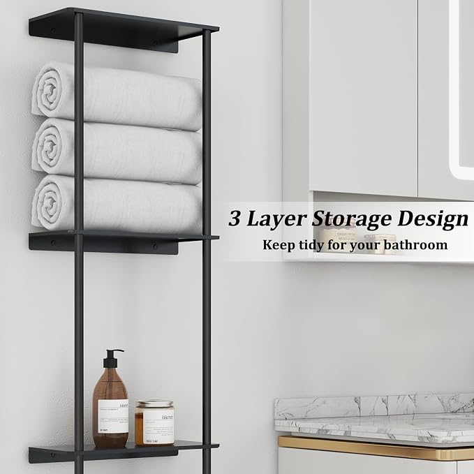 Bethom Towel Racks for Bathroom, 3Tier Towel Storage Organizer, Matte Black | Towel Rack for Bathroom with Shelf & Towel Bar, SUS304 Stainless Steel Rustproof, Easy to Install, Keeps Towels Tidy