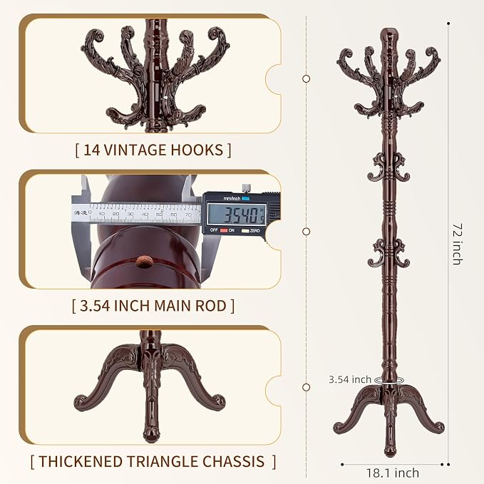 ZOZOE Wooden Coat Rack,Vintage Coat Rack Freestanding with 14 Hooks | Solid Wood Coat Rack Stand with Triangle Base,Classic Natural Birch Wood Coat Clothes Tree Stand for Entryway Hallway