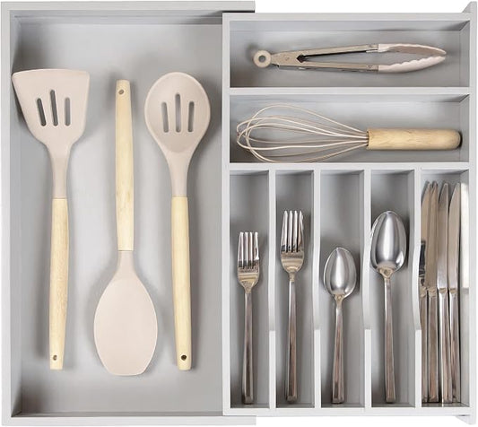 KitchenEdge Silverware & Utensil Drawer Organizer, 10.5-19 in, Gray Bamboo | Cutlery, flatware, food-safe contract grade, kitchen drawer fit