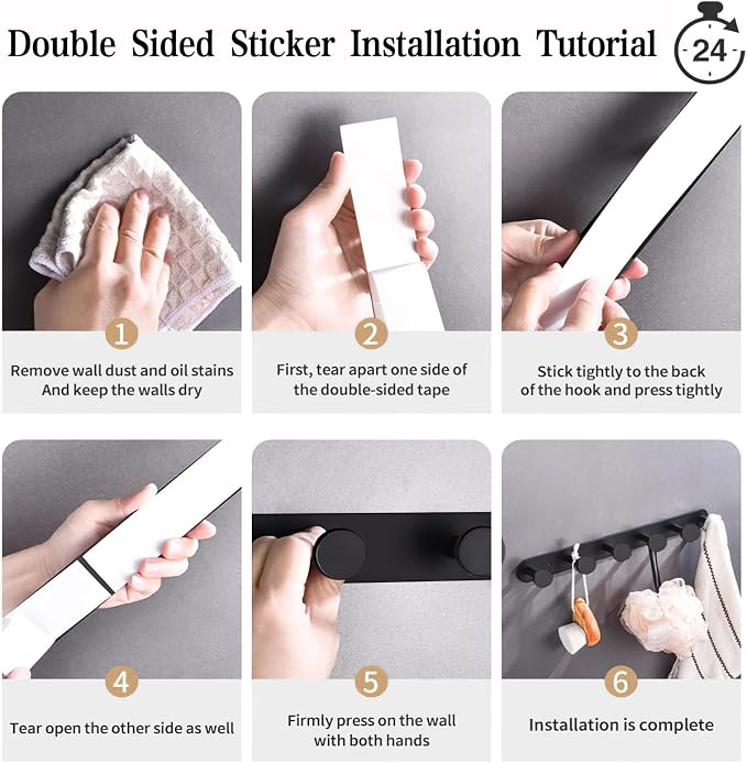 Coat Hooks Wall Mounted , Black Coat Rack with 5 Hooks, Adhesive Or Screw | Heavy Duty Coat Hanger Towel Hooks, 2 Install Options, For Towels, Coats, Hats, Bags, Bathroom, Kitchen, Door