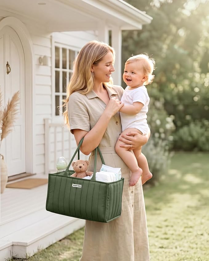 Blissful Diary Baby Diaper Caddy Organizer, Stylish Storage Basket for Newborn Essentials and Diaper Station, Gift for Baby Shower and Registry Must-Have, Deep Green