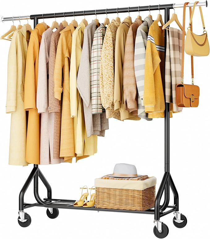 HYSEYY Heavy-Duty 450LBS Capacity Metal Clothes Rack，Rolling Clothing Rack with Wheels & Shelves, Portable Standing Wardrobe Rack for Hanging Clothes, Black (Black, L)