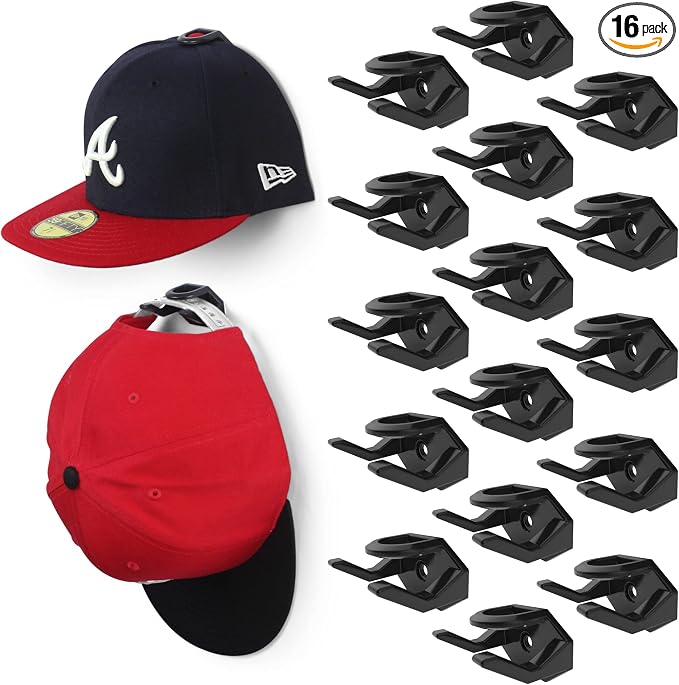 Adhesive Hat Hooks for Wall (16-Pack) - Hat Rack for Baseball Caps, Minimalist Hat Display, Strong Hold Hat Hangers for Wall - USA Patented, Black