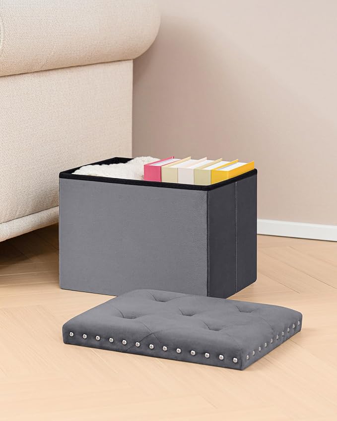 B FSOBEIIALEO Storage Ottoman Cube Folding Tufted Ottomans, Storage Boxes Footrest for Bedroom, Luxury Velvet Fabric 16.5 * 12.6 * 12.6 Inches Grey