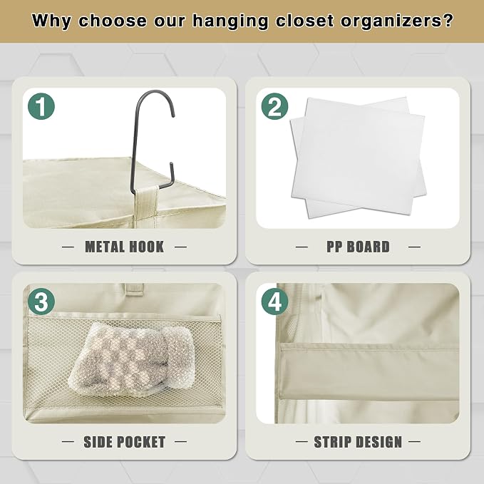 3-Shelf Hanging Closet Organizer, Washable Foldable Storage Shelves, Beige | Front lip keeps items secure; side pockets add room; Oxford fabric handles towels, shirts, baby items, dorms, RVs or travel.