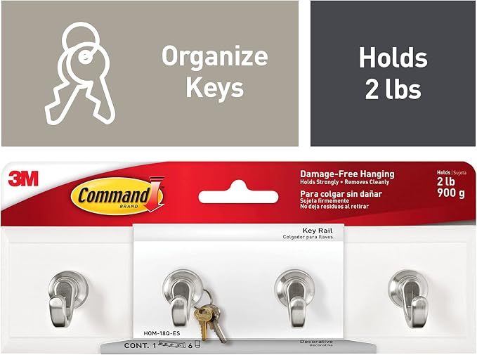 Command Key Rails, Total 2 Key Racks with 12 Command Strips, 2 Pack of 1 Rail, 4 Key Hooks on One Rail, Organize Damage-Free