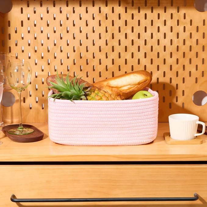 MiniArk Small Storage Baskets for Organizing | Closet Organizer Bins | Shelf Toy Basket | Woven Rope Baskets | Cube Decorative Box | Shallow Basket | 13x8.5x5.1” | 4 Packs Light Pink