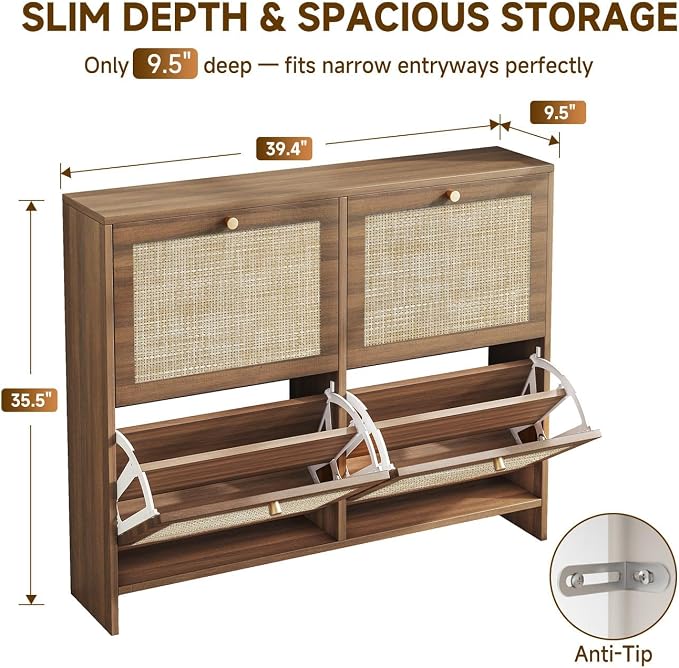 Nicetree Shoe Cabinet Storage for Entryway, 4-Flip Drawer Narrow Shoe Rack, Organic Modern Rattan Shoe Organizer, Shoe Organizer Fits Men's Size 13.5, Walnut