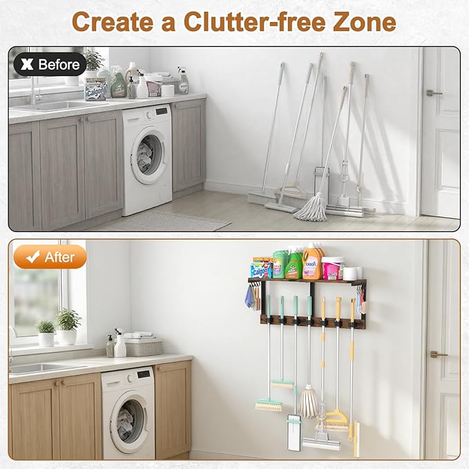 Housolution Wall Mount Broom Holder Laundry Room Storage Organizer Shelves | Thickened Metal Frame, 100 LBS High Load-Bearing, Large Capacity, Multifunctional with 7 Grippers & 8 Hooks