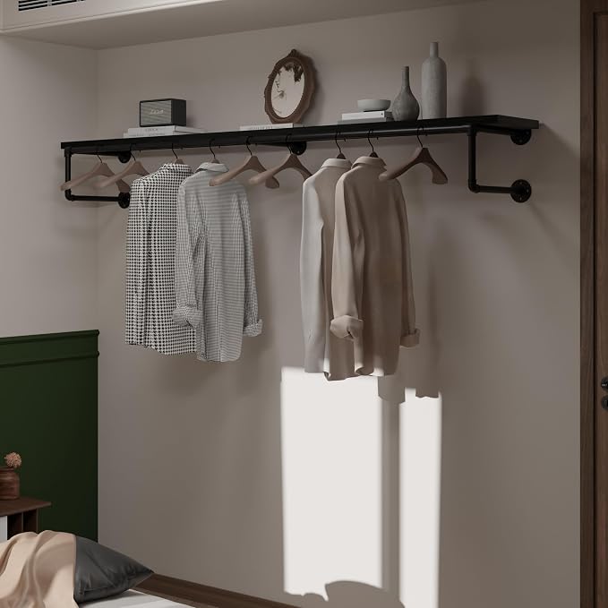 Clothes Rack 70in, Wall Mounted Garment Racks with Real Black Wood Shelf, Heavy Duty Hanging Clothes Rack, Multi-Purpose Hanging Rod, Space-Saving Closet Storage