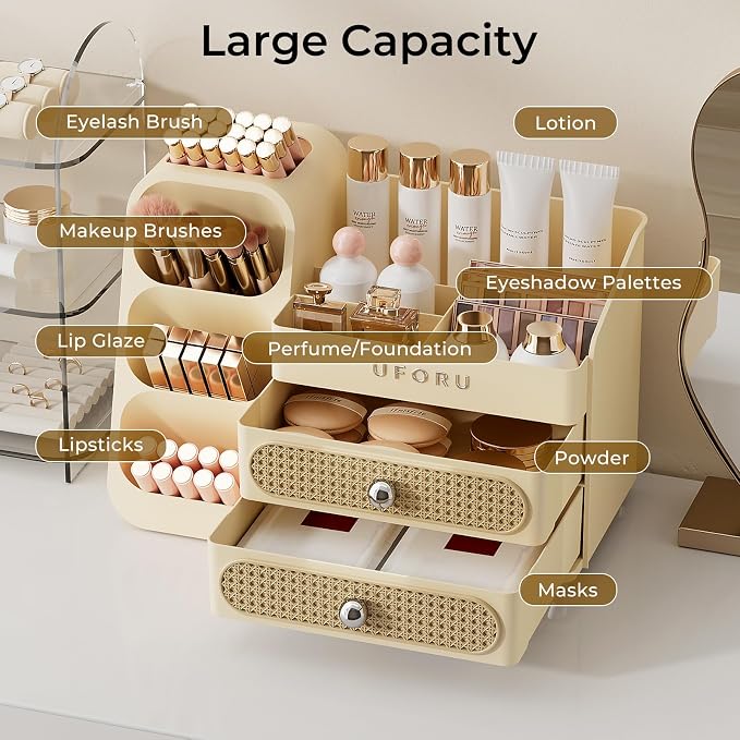 UFORU Makeup Organizer Countertop with Brush Holder for Vanity Bathroom | Large Capacity, Thickened Plastic, 2 Rattan Drawers, Compact Size, Detachable Brush Holder, Divided Compartments, Easy Access