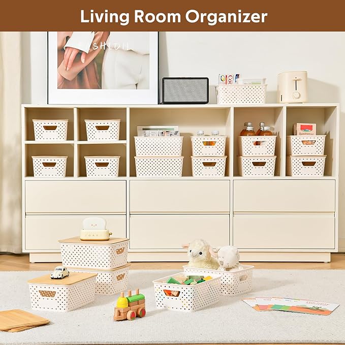 8 Pack Plastic Storage Bins with Bamboo Lids - Stackable Storage Baskets with Handle for Pantry Organizer and Storage, Plastic Containers Bins Lidded Storage Bins for Classroom Office Shelves