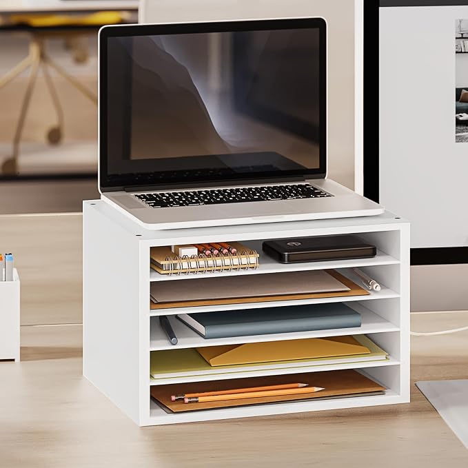 Ballucci 5 Tier Paper Organizer Letter Tray, Wood Desk File Organizer with Adjustable Shelves, Home Office School Letter/A4 Mail Sorter Magazine Holder - White