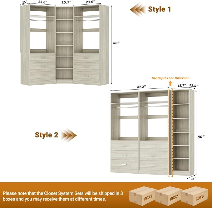 Besiost Closet System with 6 Drawers & 10 Shelves, Corner Closet Organizer System, Reversible Walk-in Closets, (L-Shaped 31.5" L * 31.5" W / I-Shaped 62.9" L * 15" W), Load 1500+LBS, White Oak