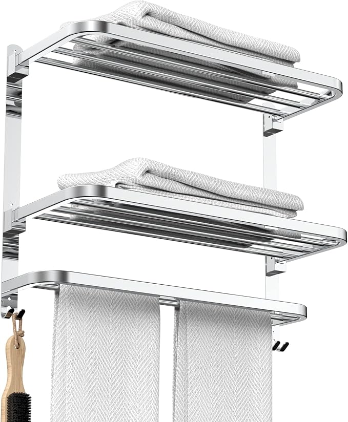 CAXIMSY 22.8Inch Towel Rack for Bathroom and Lavatory Towel Hanger with Wall Mount Towel Bars 304 Stainless Steel No Drill (Collapsible Towel Rack)