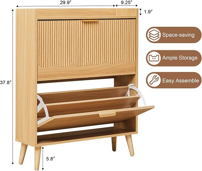 BERRYMERRY 30" Narrow Shoe Storage Cabinet with 2 Flip Drawers Natural | narrow,entryway,20 pairs shoe,shoe organize,hidden shoe rack,fluted panel,wave pattern,wood,space saving