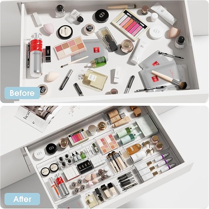 Expandable Makeup Drawer Organizer, Clear Silverware Drawer Organizer Tray. | Width (10.6"-20.1") Depth (11"-20.1") Height1.9", with 6 Removable Dividers, Great for Cosmetic,Utensils,Stationery,Office