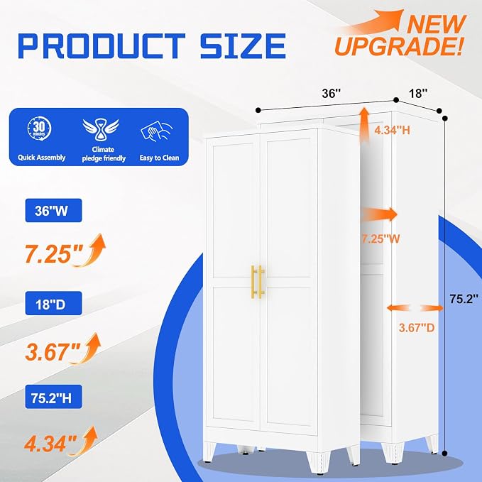 GAIOUS 75.2" Tall Metal Storage Cabinet with 2 Doors and 5 Adjustable Shelves, New upgrade Kitchen Pantry Cabinet, White Freestanding Cupboard, 6 Tier Steel Storage for Office, Kitchen, Dining, Garage