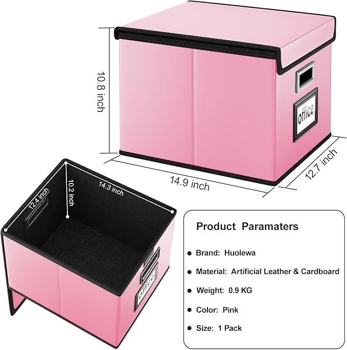 File Organizer Box with Lids, Collapsible File Folder Organizer | File Box with Plastic Slides for Document, Filing Bin for Letter Size Hanging File Folders (1 Pack, Pink, Leather)