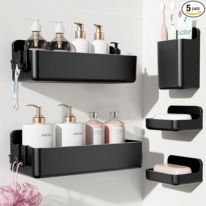 Nieifi Adhesive Shower Shelves, Black, 5 Pieces | Rustproof ABS, Large Capacity, Removable Design, Easy-Clean, No Drilling Shower Organizer for Bathroom Storage & Home Decor
