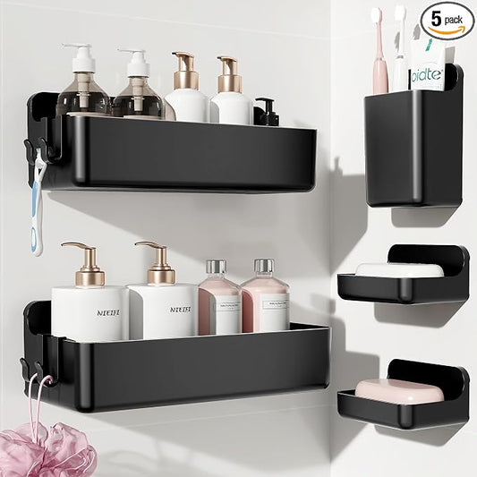 Nieifi Adhesive Shower Shelves, Black, 5 Pieces | Rustproof ABS, Large Capacity, Removable Design, Easy-Clean, No Drilling Shower Organizer for Bathroom Storage & Home Decor