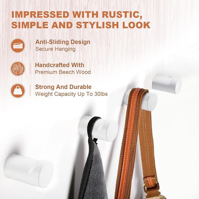bsdonte Wood Wall Hooks, 4 Pack White Decorative Coat Hooks Wall Mounted, Modern Hat Hooks Heavy Duty Entryway Wall Hangers for Hanging Purse, Towels, Clothes, Backpack