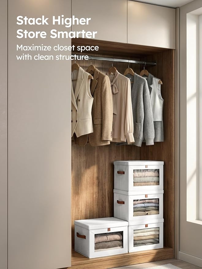 Homsorout Medium Fabric Storage Bins - Closet Shelf Organizer with Open Window, 5 Pack Closet Baskets for Shelves, Stackable Decorative Boxes for Home, Dorm, White, 13.7" x 9.8” x 9.8"
