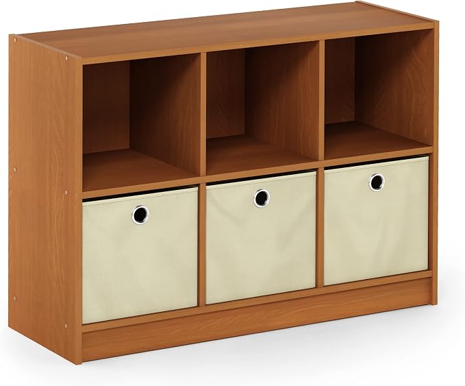 6-Cube Bookshelf with Storage Bins, Cube Bookcase, Book Shelf with Storage Bins, 11.9 x 31.6 x 23.6, for Organization and Storage, Home Office, Living Room, Light Cherry