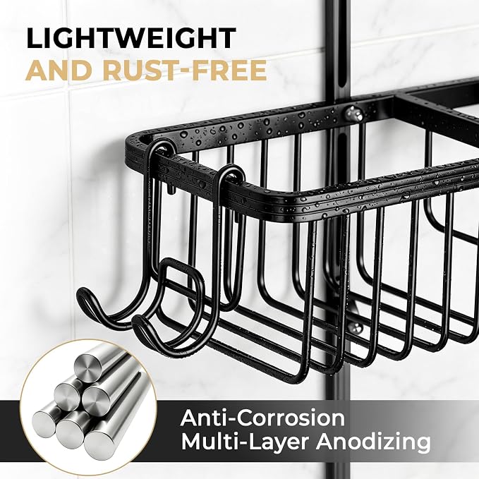 Adjustable Hanging Shower Caddy for Handheld Showerhead, Rustproof Aluminum Over Shower Head Organizer, Renter-Friendly No-Swing Storage for Tall Bottles & Soap, 2-Tier, Black
