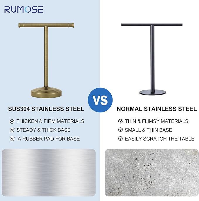 RUMOSE Antique Brass Hand Towel Holder Stand Countertop Towel Rack | 13 Inch Bathroom Kitchen Vanity T-Shape Towel Stand Free Standing Stainless Steel Towel Bar Towel Ring
