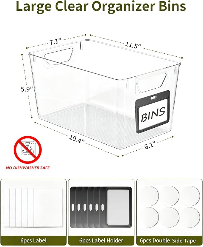 iCASA 6-Pack Clear Fridge Organizers and Storage Bins Container with Labels | Plastic Refrigerator Organizer Bin for Organizing, Home Organization Must Haves for Kitchen Under Sink Cabinet Pantry Shelf