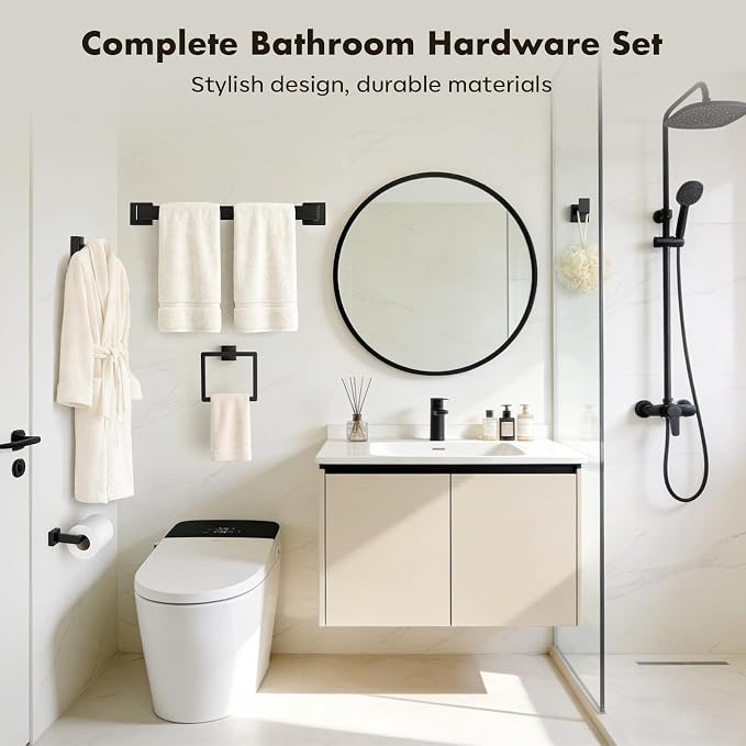 20-Pieces Matte Black Bathroom Accessories Set, 24 Inch Bath Towel Bar Set | Stainless Steel, Towel Ring, Toilet Paper Holder, Robe Hooks, Towel Racks for Bathroom Wall Mounted, Bathroom Hardware Set