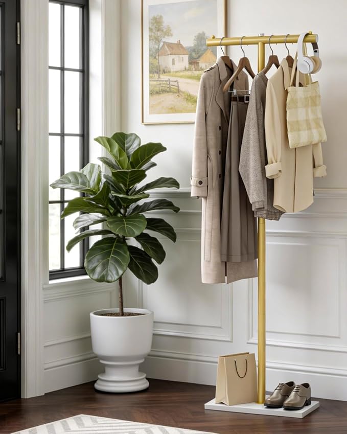 T-shaped Coat Rack Freestanding, Metal Hanger, Gold, 68.9 In High | Modern Garment Rack with Rock Slab Base, Heavy-duty Metal Clothing Hanger Stand for Bedroom, Office, Hallway, Entryway