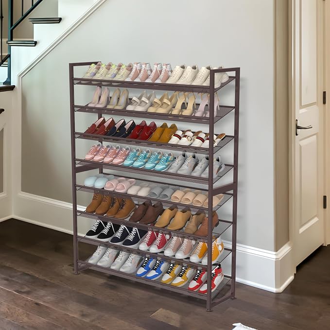 Large Shoe Rack 8 Tier Shoe Organizer, Heavy Duty Metal 4-Tier Stackable Shoe Storage Vertical Shoe Rack for Closet Front Door Entrance, Up to 50 Pairs, 44.8" W x 11.4" D x 56.7" H, Bronze