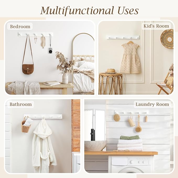 Coat Rack Wall Mount, Wooden Coat Hanger, White, 1 Pcs | Heavy Duty, 5 Sturdy Rounded Hooks, Bamboo Wood Material, for Entryway, Doorway, Living Room, Kid's room, Living Room, Closet