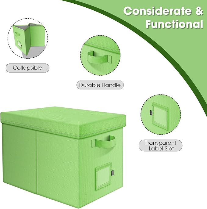 File Organizer Boxes with Lid, Linen Hanging File Storage Boxes with Handle, Collapsible Document Filling Boxes for Letter/Legal Folder, Portable File Box for Office/Decor/Home (2 Pack, Green)