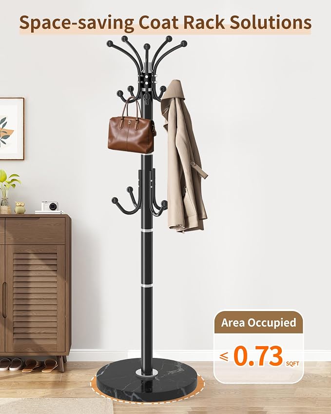 Modern Coat Rack Stand, 360° Rotary Metal Freestanding Coat Rack with Natural Marble Base, White Coat Racks and Coat Hanger Tree Jacket Stand with 14 Hooks for Office, Entryway, Hallway