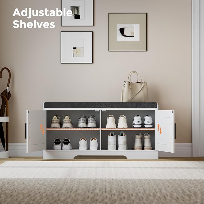 Homleke Shoe Storage Bench, 2 Doors & Thickened Padded Seat Cushion | 2-Tier Shoe Bench, Entryway Bench, Adjustable Shelf, 13.8" D x 37.4" W x 18.5" H, for Living Room, Bedroom, White