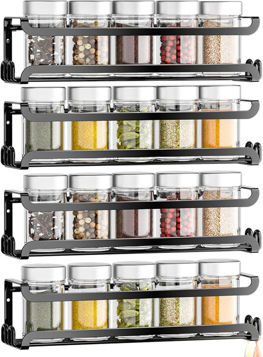 LUCYCAZ 4 Pack Wall Mounted Spice Rack for Kitchen Cabinet,RV,Camper,Black | 16 Metal Hooks, Space-Saving,Screw or Adhesive Spice Shelf Hanging,for Pantry Door Spice Jars & Seasonings,11.41×2.75×2.36in