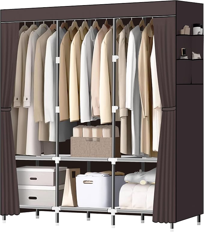 LOKEME Wardrobe Closet,Steel Pipe Diameter 19mm,Portable Closet for Bedroom | Strong and Sturdy Portable Closets for Hanging Clothes with 3 Hanging rods, 6 Storage Shelves and Side Pockets