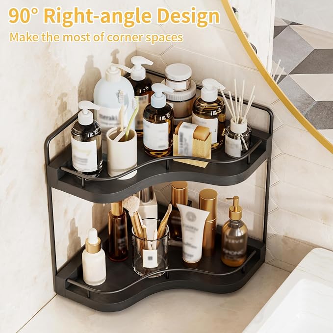 2-Tier Corner Bathroom Counter Organizer, Larger Size | Embedded Screw Holes, Sturdy & Stable, Oversized, Holds More, Vanity Shelf for Makeup & Skincare