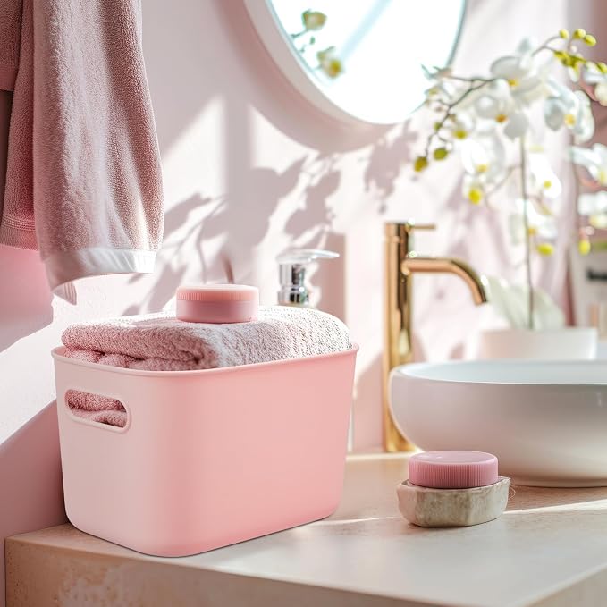 8 Pieces Colorful Storage Bins with Lid, Plastic Storage Basket Organizing Container Stackable Box with Handle for Shelves Desktop Playroom Office(9.8 x 7.1 x 6.3 Inch,White and Pink)